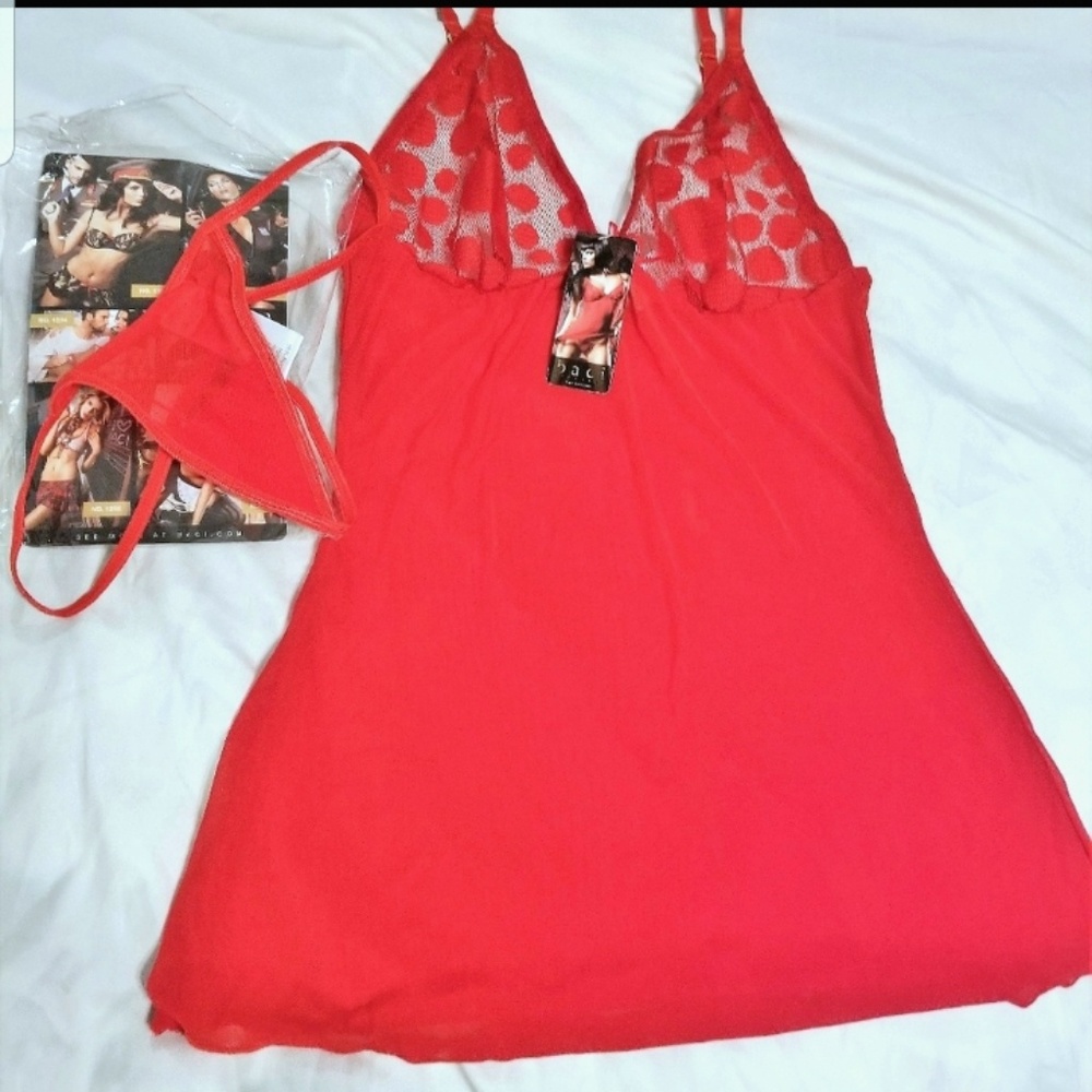 NWT BACI Lingerie RED w/ Sheer Polka Dot Nighty OS